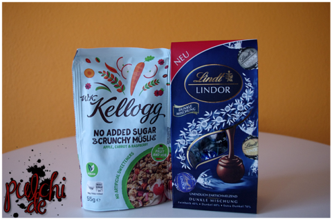 W.K. Kellogg® No Added Sugar Crunchy Müsli Apple, Carrot & Raspberry || Lindor Beutel Dunkle Mischung